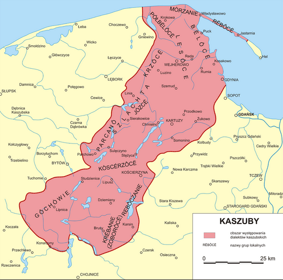 A map which demonstrates roughly the area of Kashubia, Poland